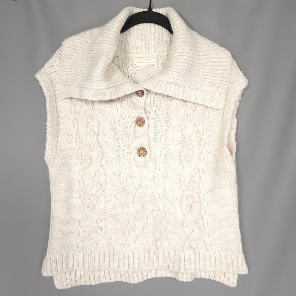 ANTHROPOLOGIE Cable Knit Sweater Vest‎ MEDIUM Ivory Button Mock Neck Turkey - Picture 2 of 9